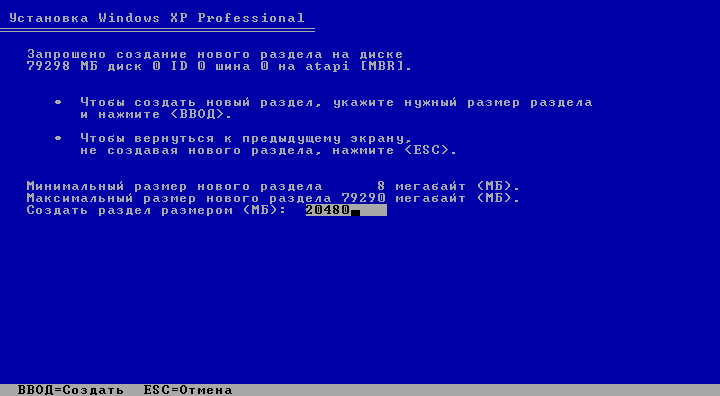 Разметка жёсткого диска при установке Виндовс XP.